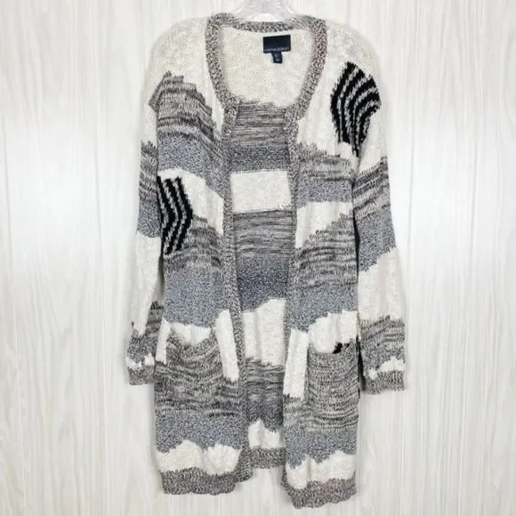 Cynthia Rowley | Black White & Grey Open Front Knit Cardigan Size Large - Picture 1 of 6